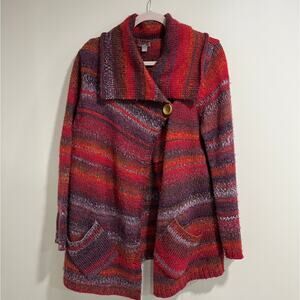 J.Jill Red Rainbow Knit Cardigan Wool Blend Boxy Cozy Sweater L